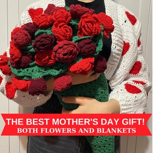 Crochet Flower Bouquet Blanket,Crocheted Red Rose Bouquet,Granny Square Afghan, Knitted Sofa Blanket,Ready to Ship, Mother's Day Gift