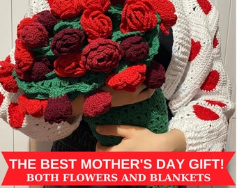 Crochet Flower Bouquet Blanket,Crocheted Red Rose Bouquet,Granny Square Afghan, Knitted Sofa Blanket,Ready to Ship, Mother's Day Gift