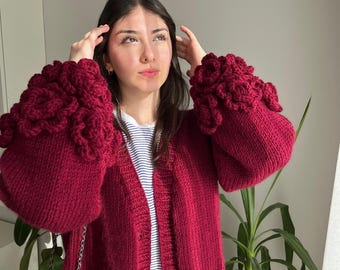 Hand-Knitted Chunky Wool Cardigan, 3D Floral Sleeves, Oversized Boho Knitwear