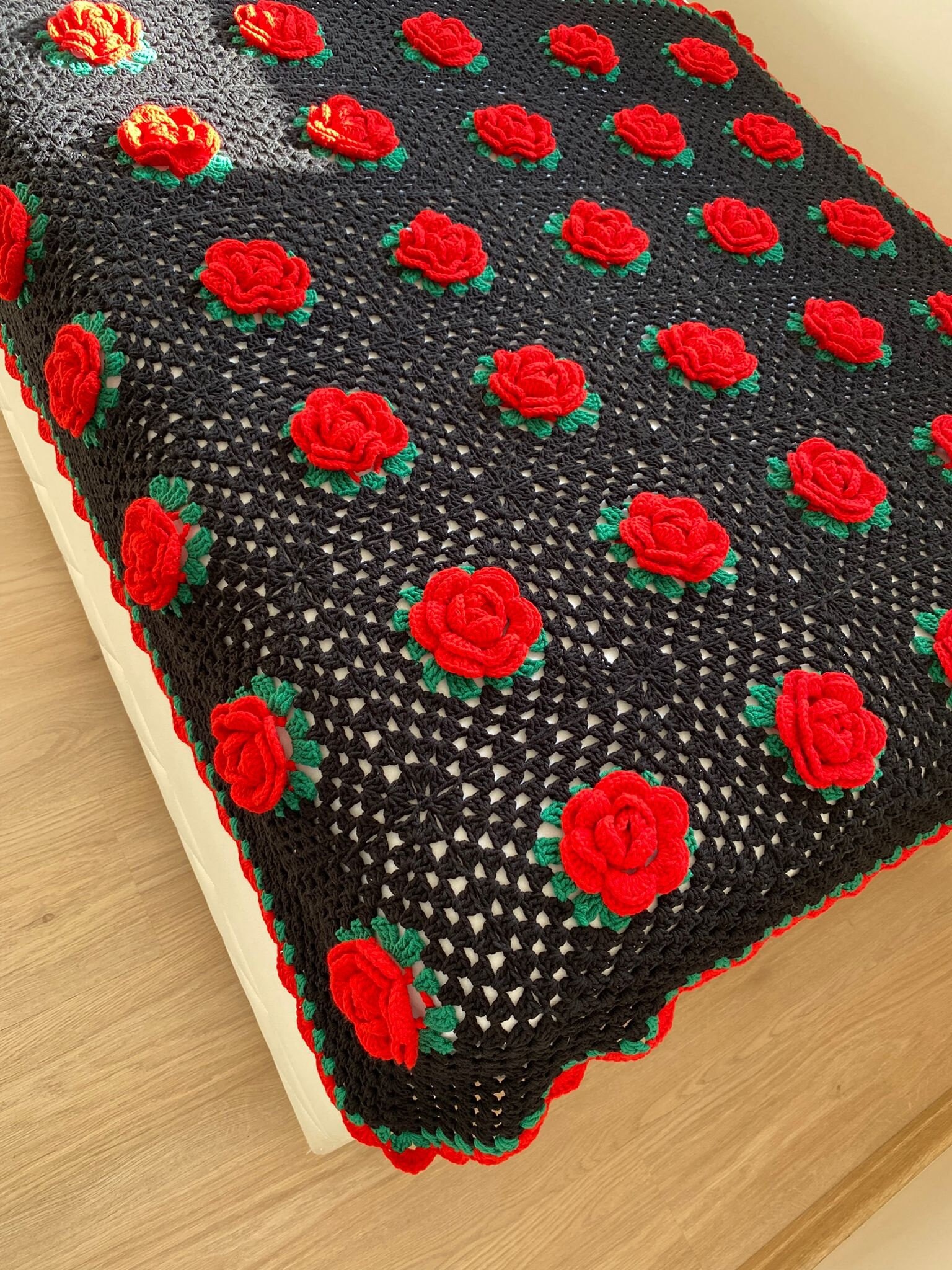 Crochet Red Rose Granny Square Blanket Bedspreadsofa Etsy