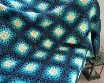 Patina Blue Daisy Crochet Blanket, Granny Square Afghan, Cottagecore Throw