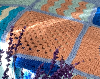 Gehäkelte Oma Quadrat Patchwork Decke, Oma Platz mehrfarbiger werfen, Blau Stricken Afghan, Strick Retro Tagesdecke, Geschenk für Sie