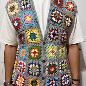 Paul Mccartneys Crochet Granny Square Vest, Crochet Boho Waistcoat for Men, Crochet Vest, Gray Crochet Buttoned Retro Sweater, Gift for Him