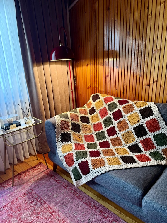 Crochet Autumn Blanket, Granny Square Blanket, Cozy Fall Afghan, Autumn Color Bedspread, Beige Knit Throw ,Halloween Gift, Christmas Gift