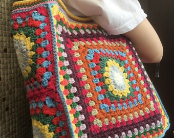 Crochet  Bag, Granny Square Shoulder  Bag, Crochet Purse, Retro Bag, Boho Hippie Bag, Afghan Tote Bag, Crochet Vintage Bag,Mother's Day Gift