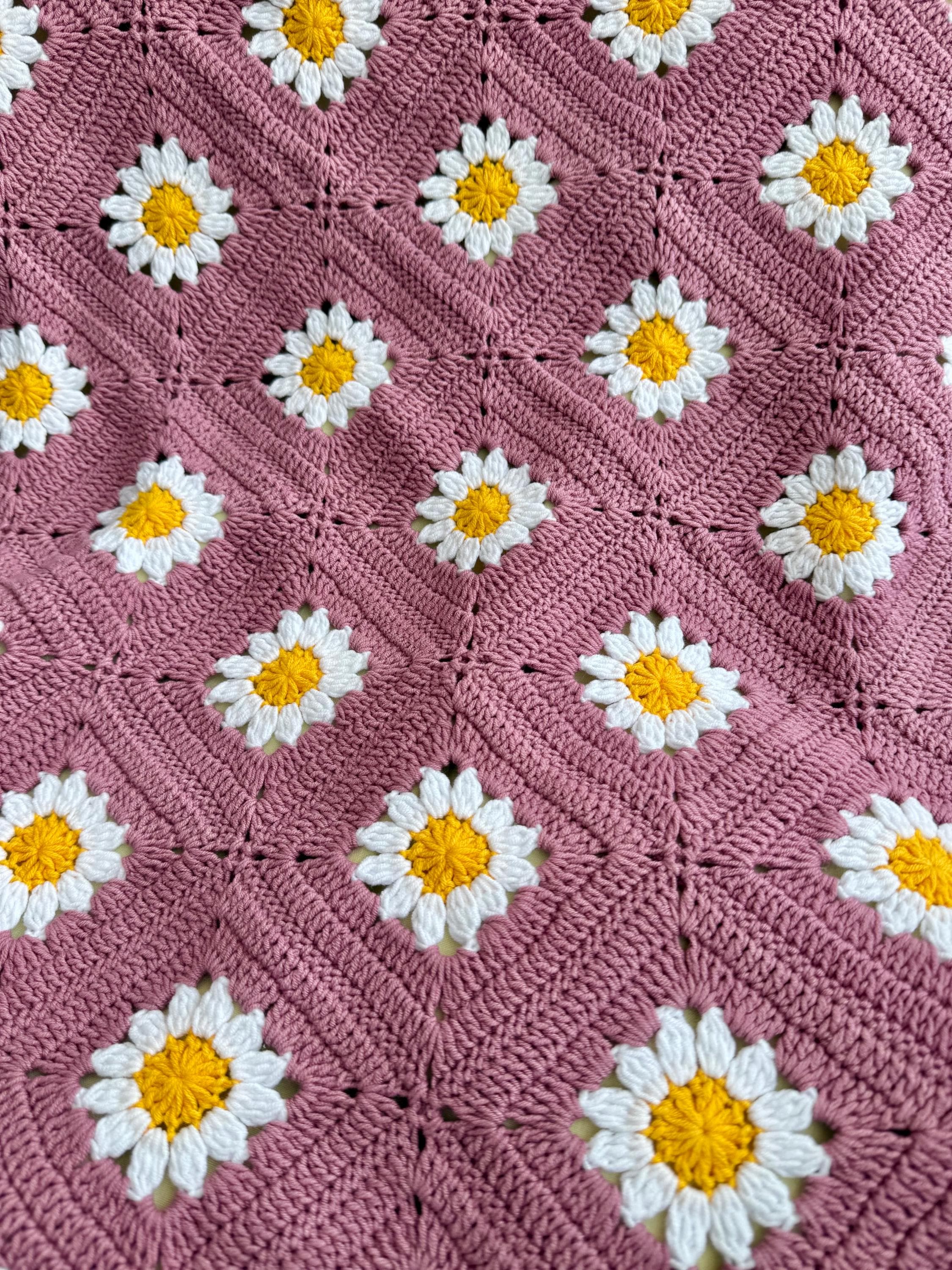 Crochet Daisy Blanket,handmade Pink Bedspread,sunburst Granny