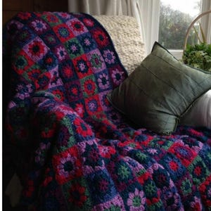 Crocheted Purple Granny Square Blanket,Roseanne&#39;s Granny Square Afghan,Colorful Crochet Wool Bedspread, Knitted Blanket, Mother&#39;s Day Gift