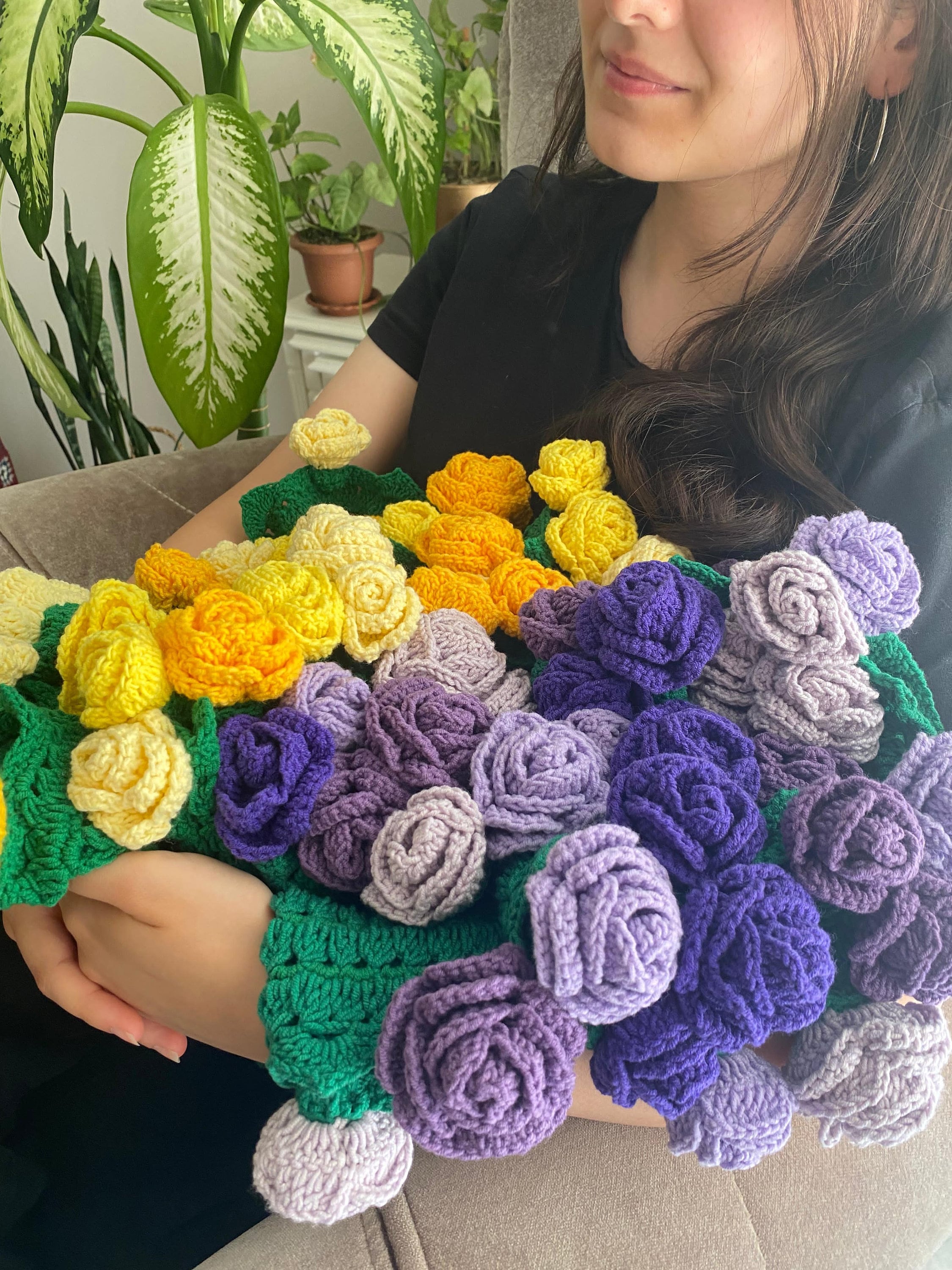 LEFORUP Flower Bouquet Blanket, Crochet 3D Flowers Rose Bouquet Blanket Handmade, Finished Or Material Package For Mother's Day Birthday Home Decor (Style-E, Finished Blanket