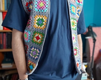 Paul Mccartneys Crochet Granny Square Vest for Men, Crochet Boho Waistcoat, Hippie Clothing,Knit Buttoned Retro Sweater, Gift for Him