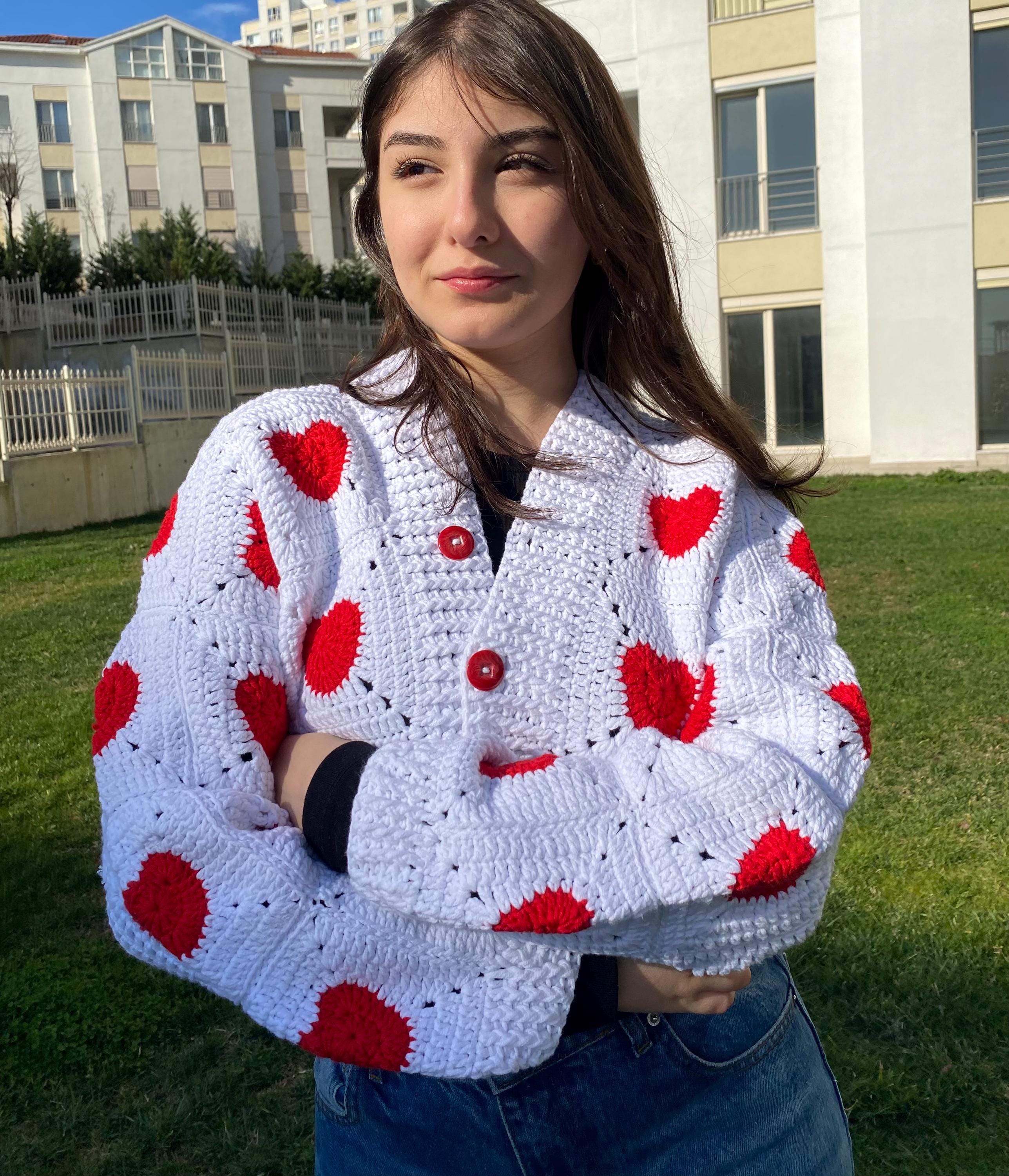 Crochet Heart Cardigan, Knitted Red Heart Crop, Granny Square Jumper ...
