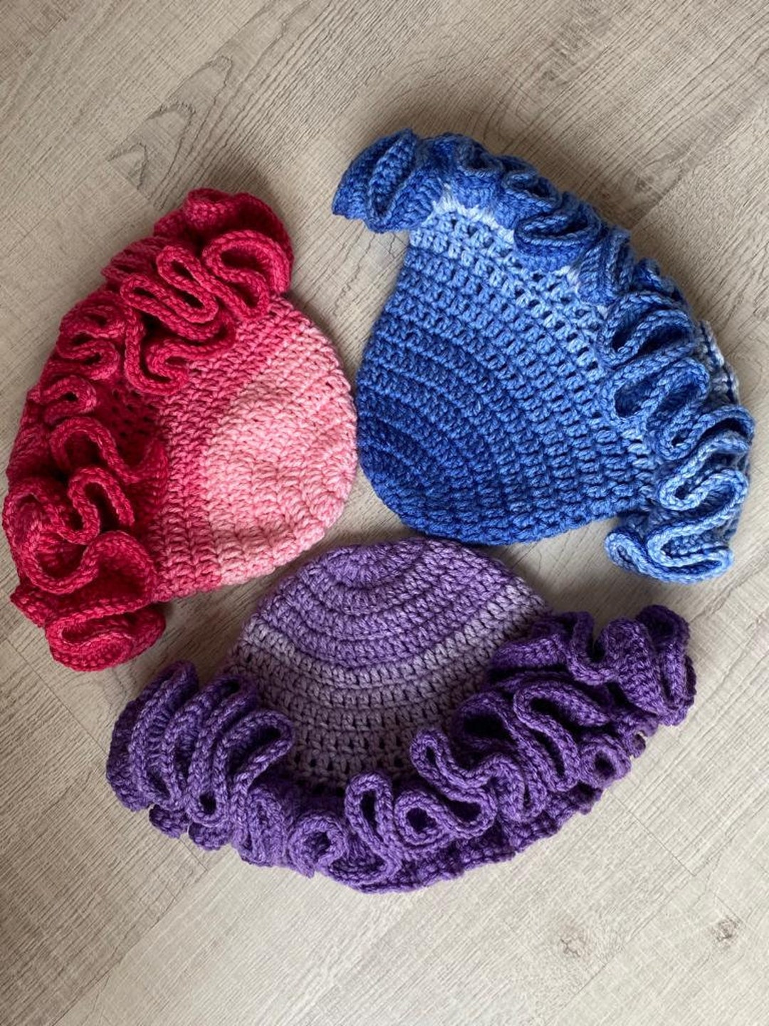 Crochet Ruffle Bucket Hat,pink Crochet Frilly Cool Beanie  display picture 3