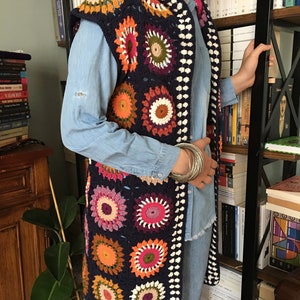 Crochet Granny Square Long Vest,Handmade Colorful Crochet Waistcoat,Boho Hippie Clothing,Knit Woman Hooded Waistcoat,Navy Blue Festival Vest