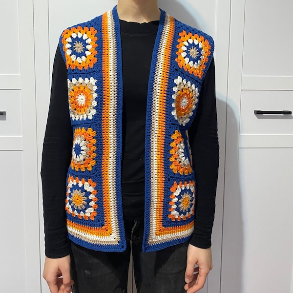 Crochet Blue Granny Square Vest, Colorful Crochet Waistcoat ,Knit Boho Hippie Clothing, Woman Granny Square Waistcoat, Festival Vest