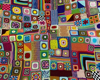 Crochet Granny Square Patchwork Blanket,Granny Square Multicolor Throw, Afghan Sofa Blanket,Crochet Flower Tv Blanket,  Mother's Day Gift