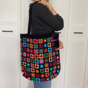 Crochet Large Bag, Granny Square Shoulder Bag, Multicolor Crocheted Purse, Retro Bag, Hippie Bag, Afghan Bag, Patchwork Tote, Christmas Gift