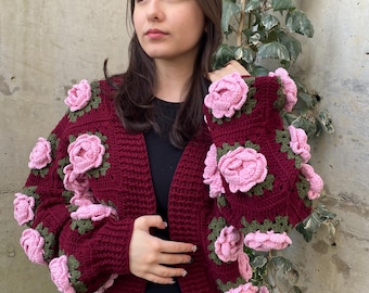 Pink Tulip Retro Cardigan,chunky Cropped Cardigan for Woman, Pink