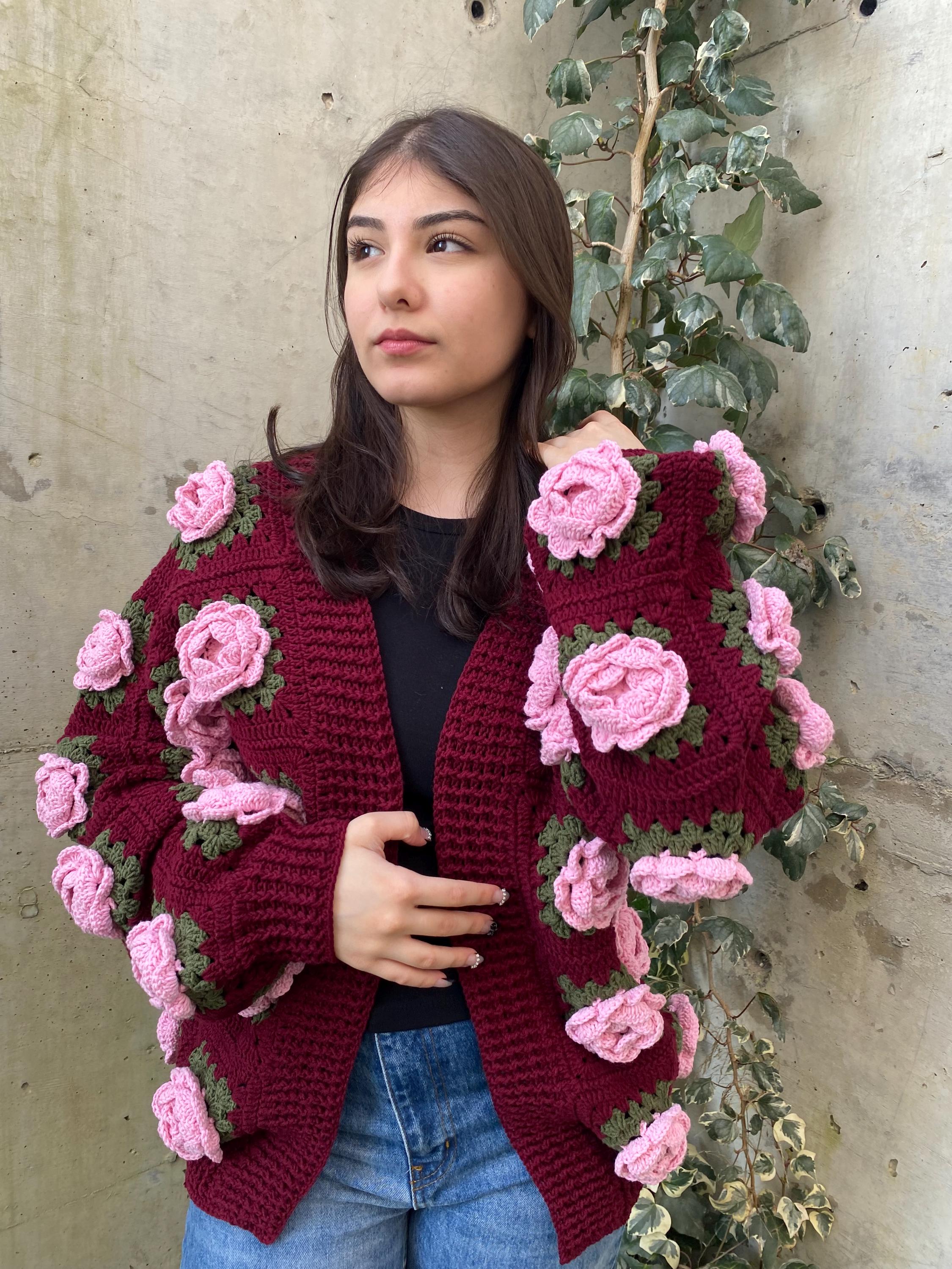 Crochet Jumbo Rose Cardigan, Pink Granny Square Cardigan