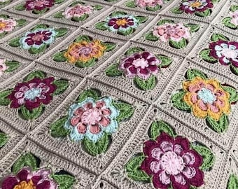 Crochet Flower Large Bedspread, Large Floral Sofa Cover, Mink Color Throw, Granny Square Afghan, Custom Blanket, Christmas Gift