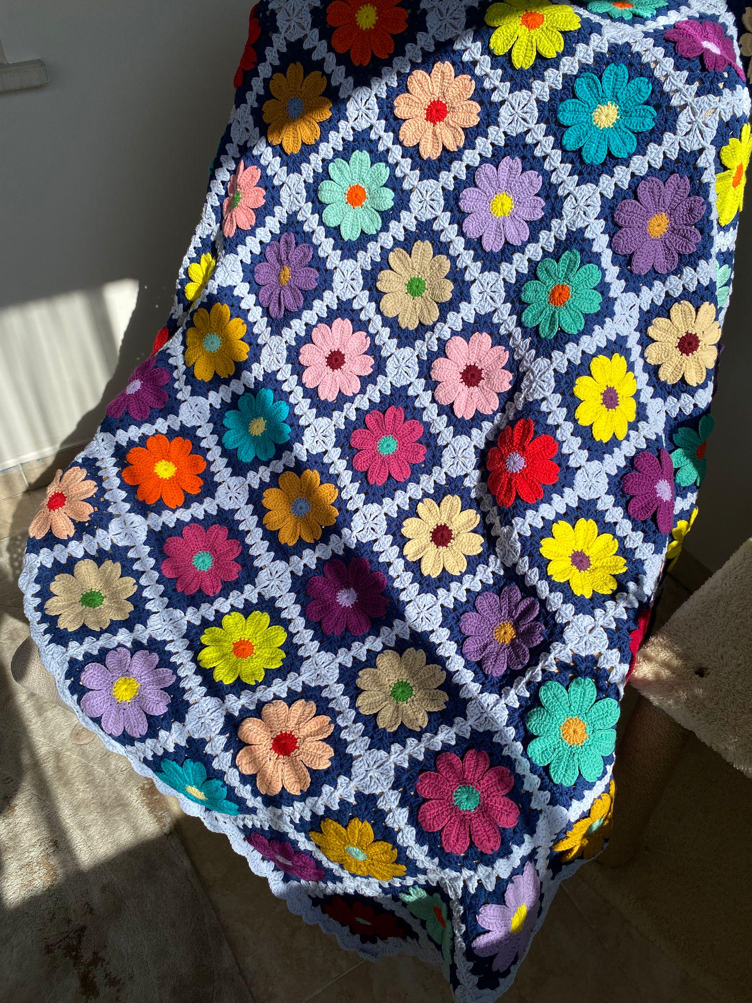 Crochet 3D Floral Blanket,large Daisy Afghan,handmade Blue Grandma
