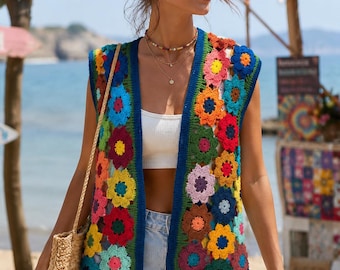 Crochet Vest,3D Flower Vest, Boho Granny Square Vest, Festival Clothing, Floral Crochet Vest, Beach Cover Up, Hippie Summer Top