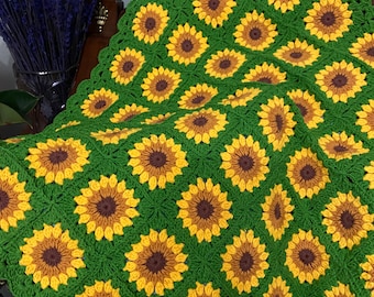 Manta cuadrada de ganchillo con diseño de girasol para abuela, manta afgana con girasoles verdes y amarillos, colcha de ganchillo, manta personalizada, regalo de Navidad, regalo para ella