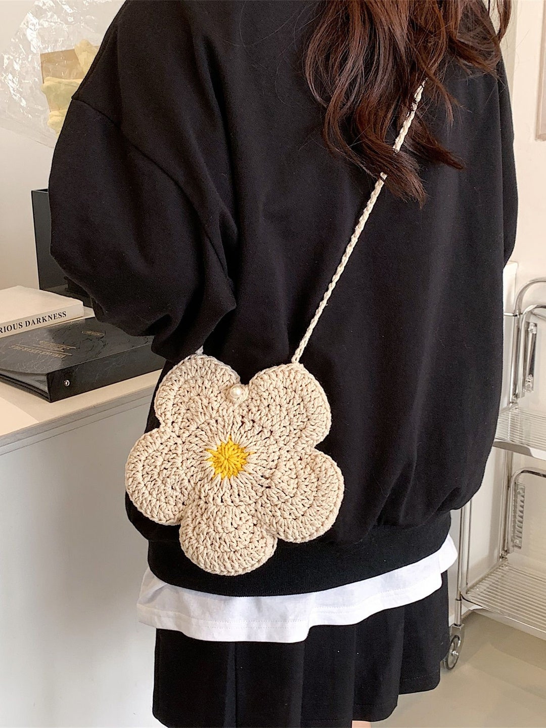 Crochet Daisy Shoulder Bag, Crocheted Flower Crossbody Bag,knit Daisy