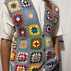 Paul Mccartneys Crochet Granny Square Vest, Crochet Boho Waistcoat for Men,Hippie Clothing, Gray Knit Buttoned Retro Sweater, Gift for Him