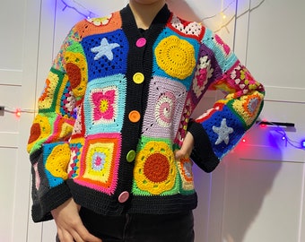 Häkeln Patchwork Mantel, gestrickter Mantel,Boho 70's Kleidung, häkeln Oma Sguare Jacke, Festival Jacke,Geschenk für Sie, bunter Mantel