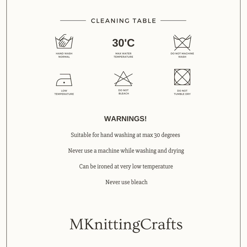 Puede incluir: Una tarjeta blanca con texto e iconos negros que detallan las instrucciones de cuidado de la ropa. El texto incluye "Tabla de limpieza", "&iexcl;Advertencias!" y "MKnittingCrafts". Los iconos indican lavado a mano, baja temperatura y no lavar a m&aacute;quina ni usar lej&iacute;a.