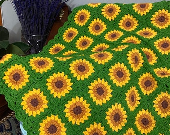 Manta de girasol de ganchillo, manta cuadrada de abuela, manta afgana de girasol verde, manta hecha a mano, manta de sofá tejida, regalo de aniversario, regalo del Día de la Madre