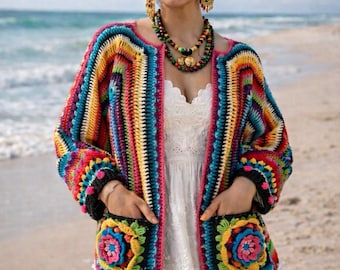 Cardigã de crochê com hexágonos, Jaqueta Frida, Cardigã de crochê colorido, Suéter de tricô, Cardigã boho, Presente para ela, Presente para a esposa