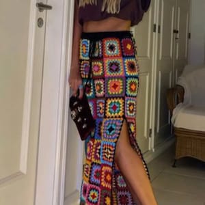 Crochet Skirt, Granny Square Maxi Skirt, Crochet Long Afghan Skirt, Handmade Crocheted Skirt, Colorful Boho Hippie  Festival Skirt