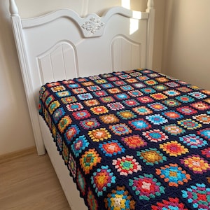 Crochet Granny Square Blanket, Patchwork Colorful Blanket, Throw, Retro Blanket, Afghan Blanket, Colorful Tv Blanket, Family Christmas Gift