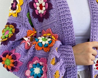 人気商品ランキング かぎ針編みの紫の花のカーディガン、カラフルなかぎ針編みの トップス
