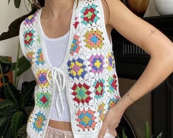 Crochet Granny Square Vest, Colorful Crochet Waistcoat, Boho