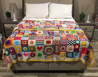 Crochet Patchwork Large Blanket,Granny Square  Daisy Bedspread, Crochet Afghan,Crochet Flower Blanket,Mother's Day Gift,