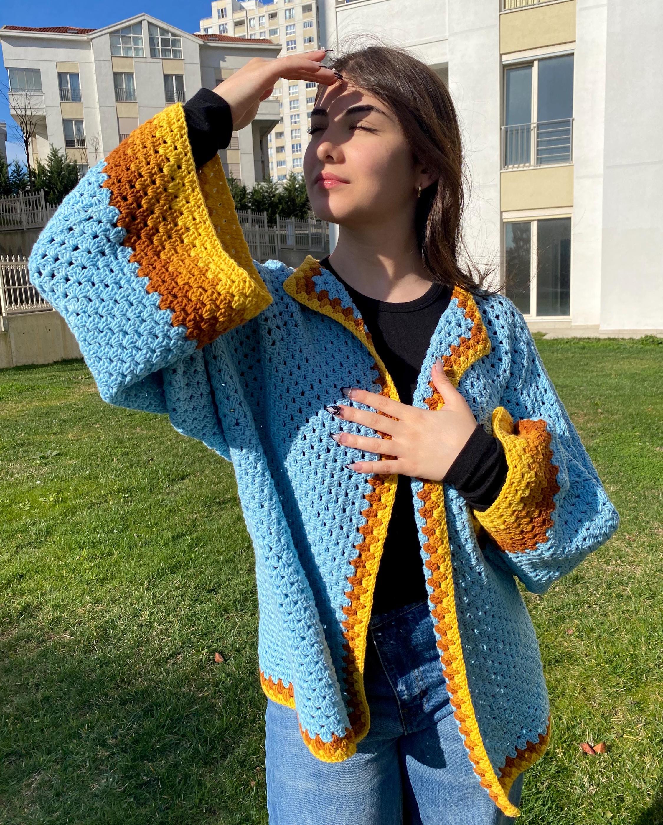 Crochet Hexagon Cardigan, Crochet Kimono Jacket, Blue Oversize
