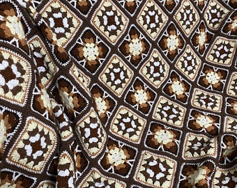 Handmade Crochet Granny Square Blanket,Brown Cotton Afghan,Cozy Throw,Patchwork Blanket,Costum Blanket,Knit Retro Bedspread,Gift for Mom