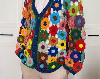 かぎ針編みの花のカーディガン、メンズ3Dフラワージャケット