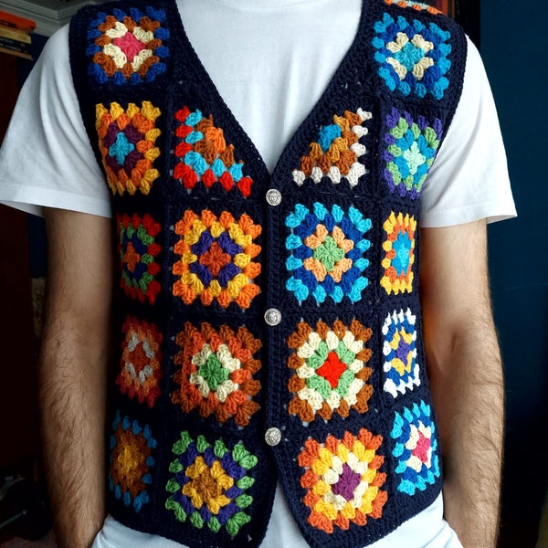 Crochet Granny Square Vest for Men,Colorful Crochet Sweater,Bohemian Hippie Clothing,Knit Men Buttoned  Waistcoat,Knit Festival Wear Men