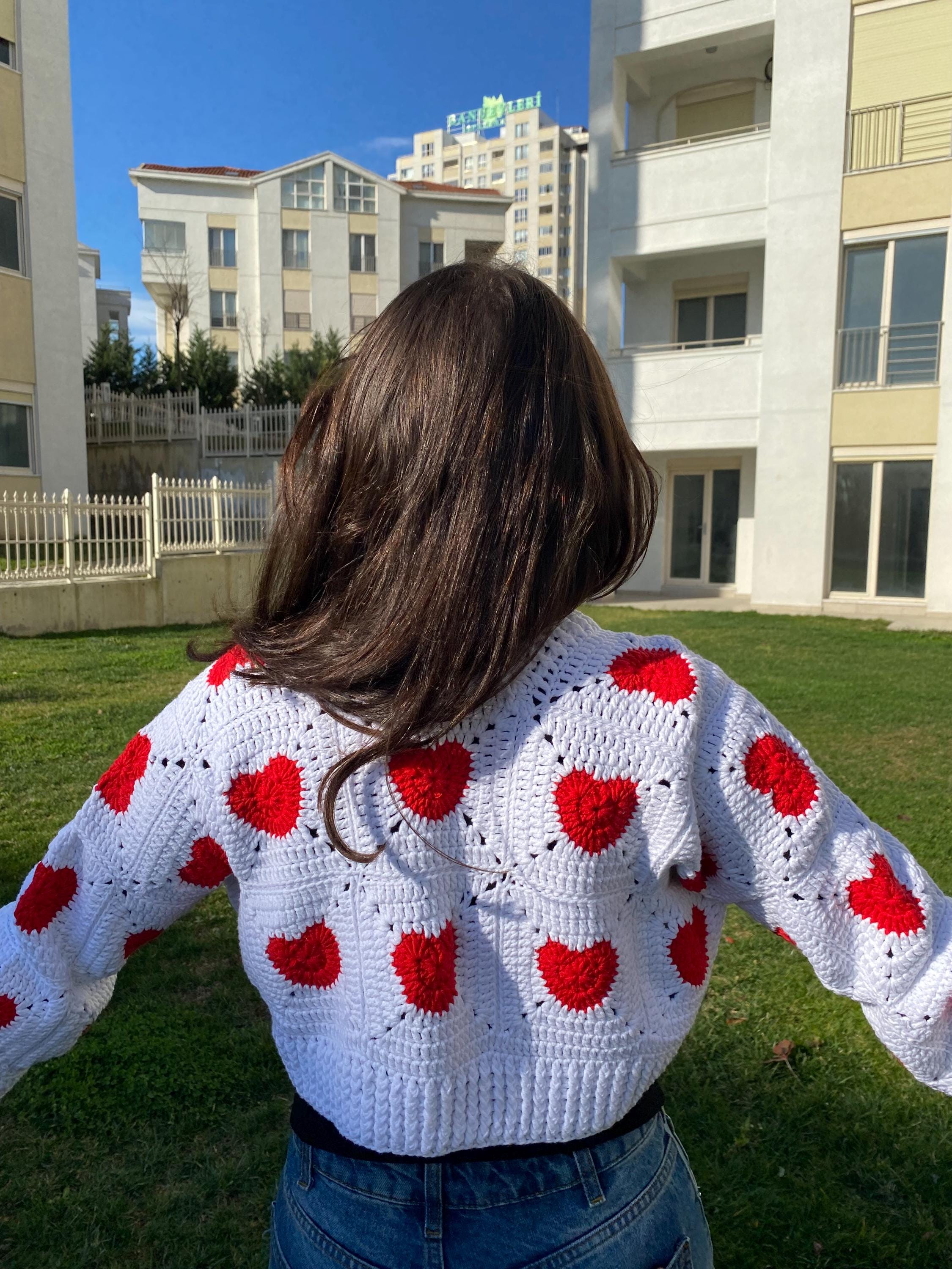 Crochet Heart Cardigan, Knitted Red Heart Crop, Granny Square Jumper ...