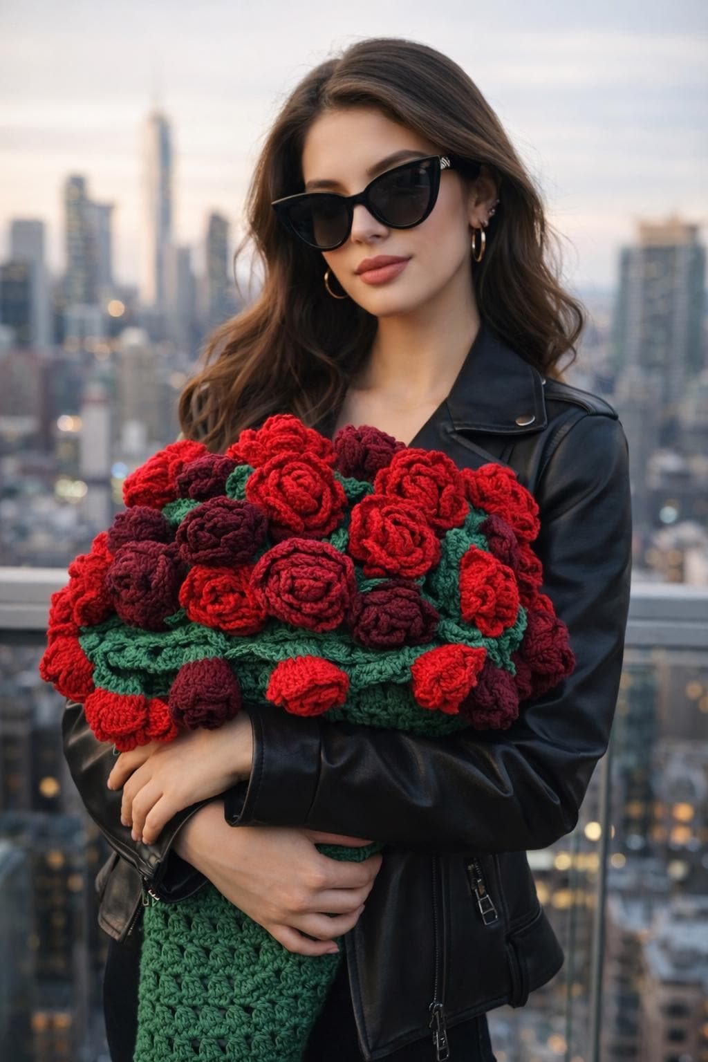 かぎ針編みのブーケブランケット、かぎ針編みの赤いバラのブーケ