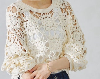 Crochet Lace Sweater,Crocheted White Lace Sweater,Knit Festival Clothing,Crochet Granny Square Sweater
