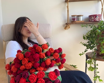 赤いバラのニット花束 かぎ針編みのバラの花束ブランケット、かぎ針編みのジャンボ3D赤いバラ