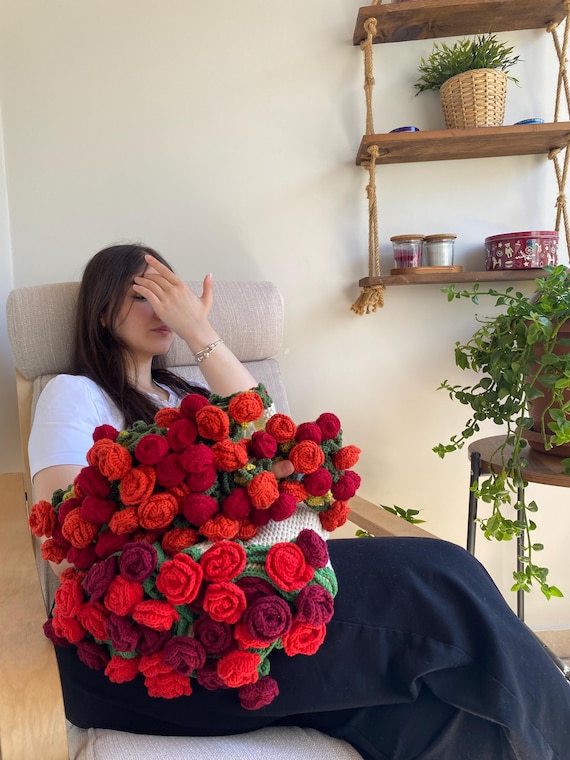 かぎ針編みのバラの花束ブランケット、かぎ針編みのジャンボ3D赤いバラ