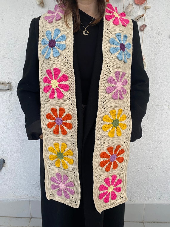 Crochet Daisy Granny Square Scarf, Winter Accessories Crochet Daisy Granny Square Scarf, Winter Accessories