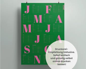 Wall calendar 2025 | Calendar | DIN A1 | Annual planner | Pinky Green | Digital download + printing recommendation