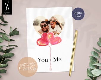 Valentine's Day card, love customizable photo card template for CANVA, heart balloons
