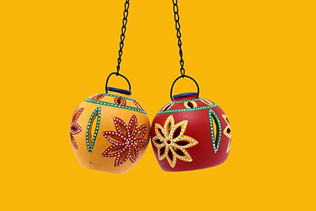 Floral Matki Duo' Handpainted Candle Holder Lanterns for Home Décor Tealight Hanging Candle