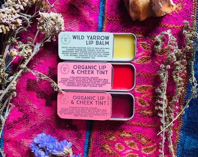 Gift Set - Organic Lip Balm Gift Set - Handmade wild herb infused lip balms with naturally derived colours. Gift set of three.